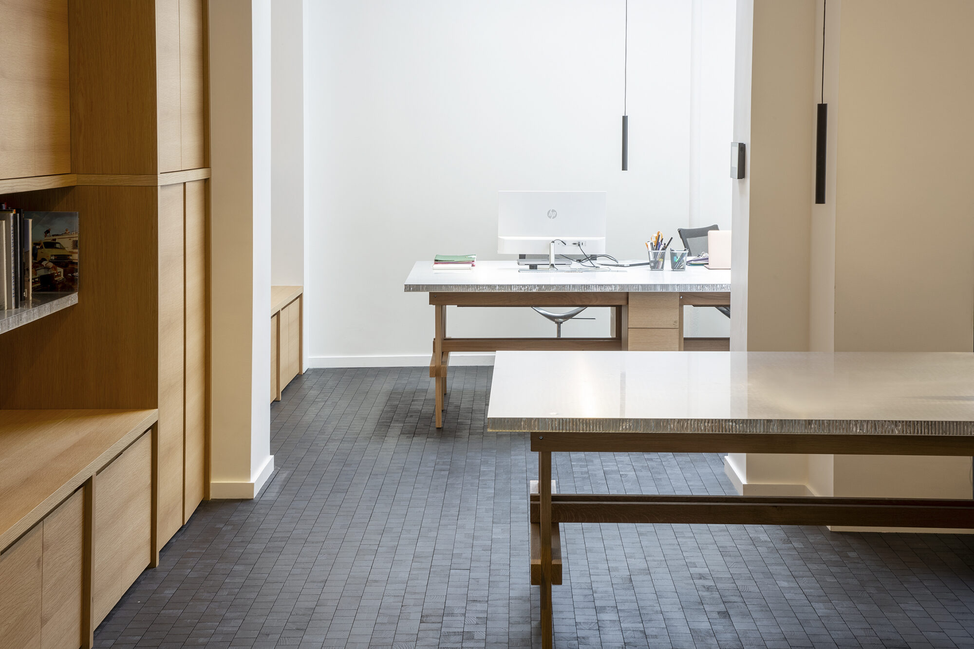 Cube black endgrain oak flooring in office