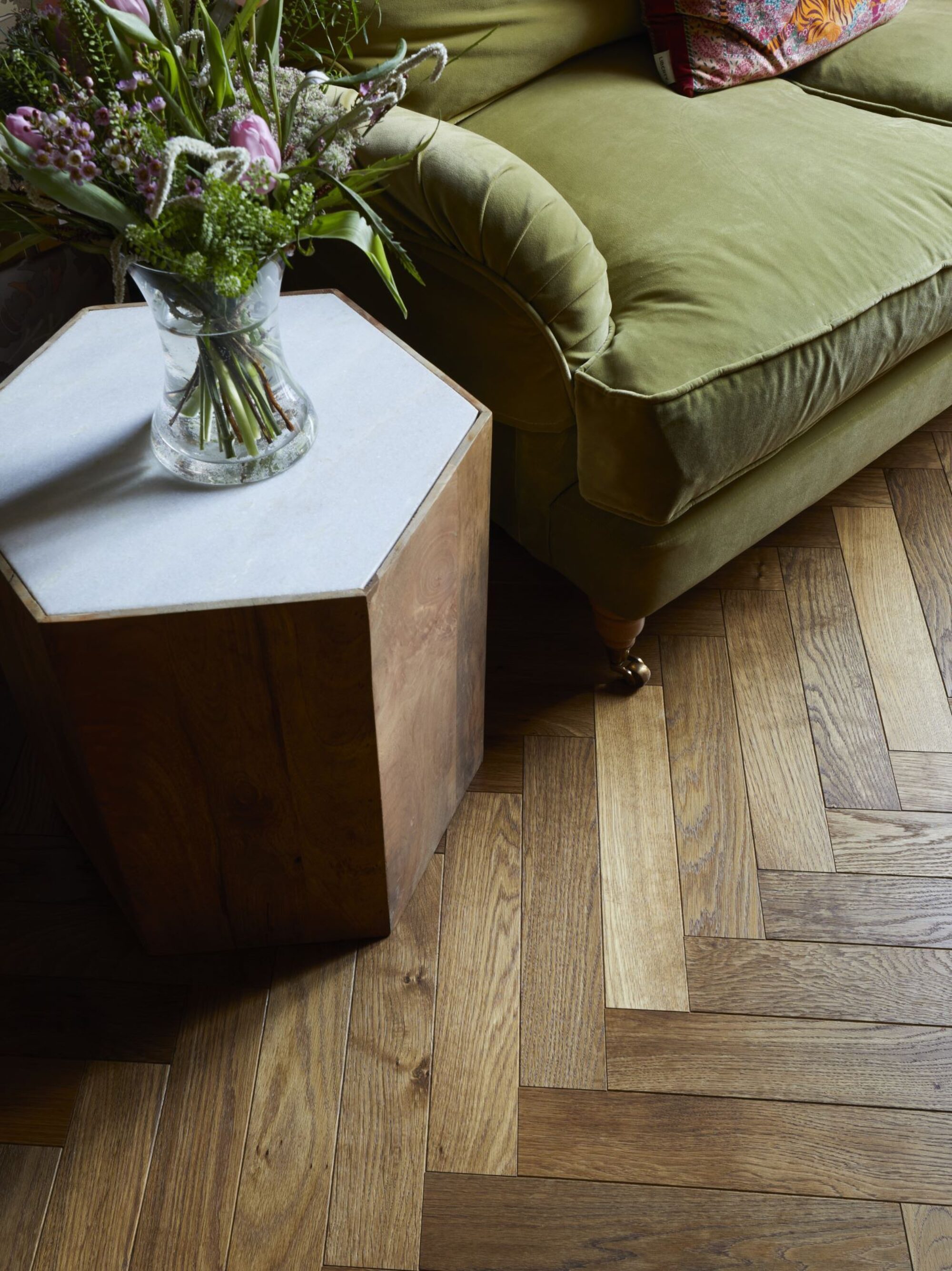 Natural brown oak herringbone flooring for Victorian family home