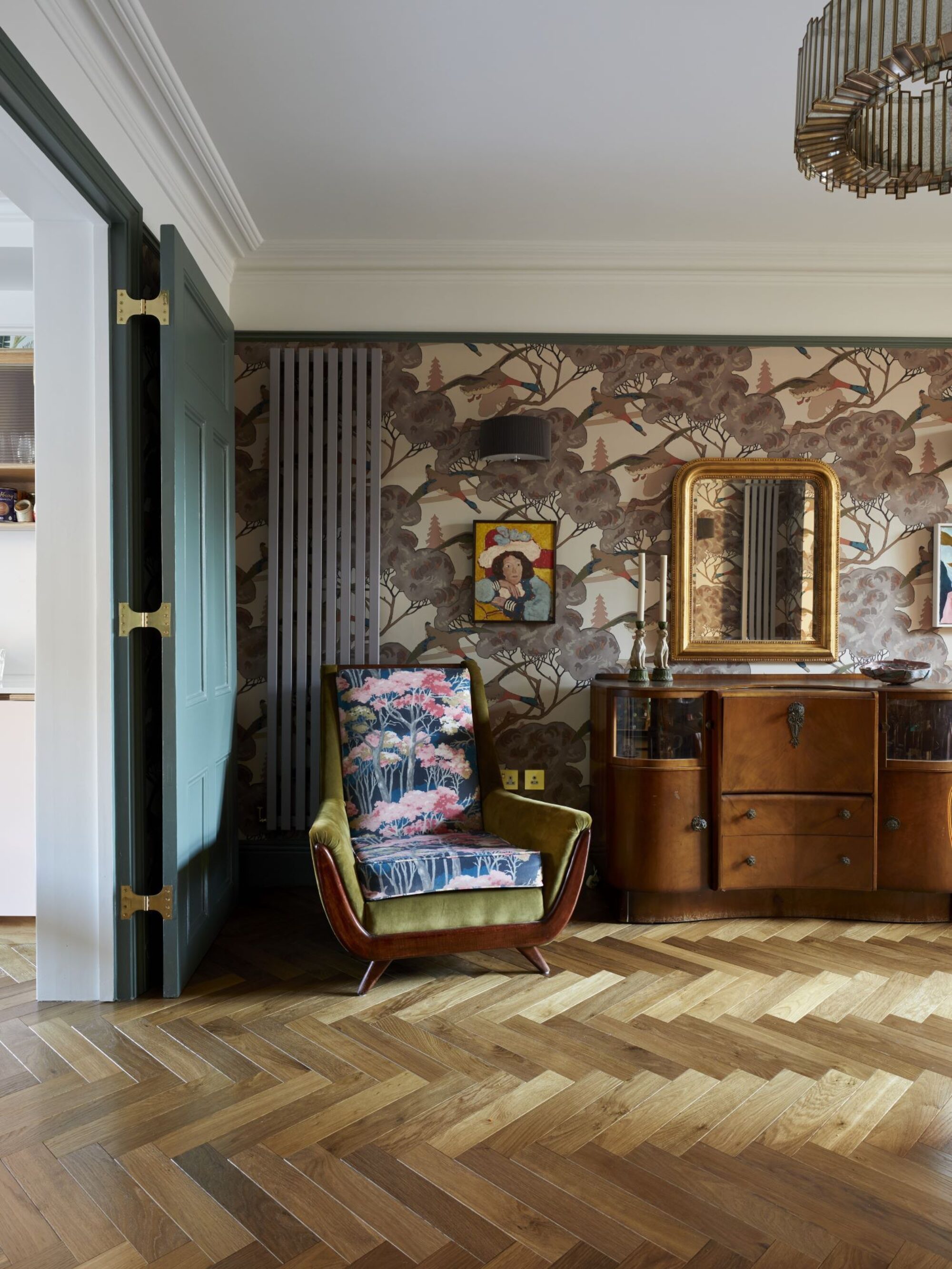 dalton herringbone flooring in living room & armchair