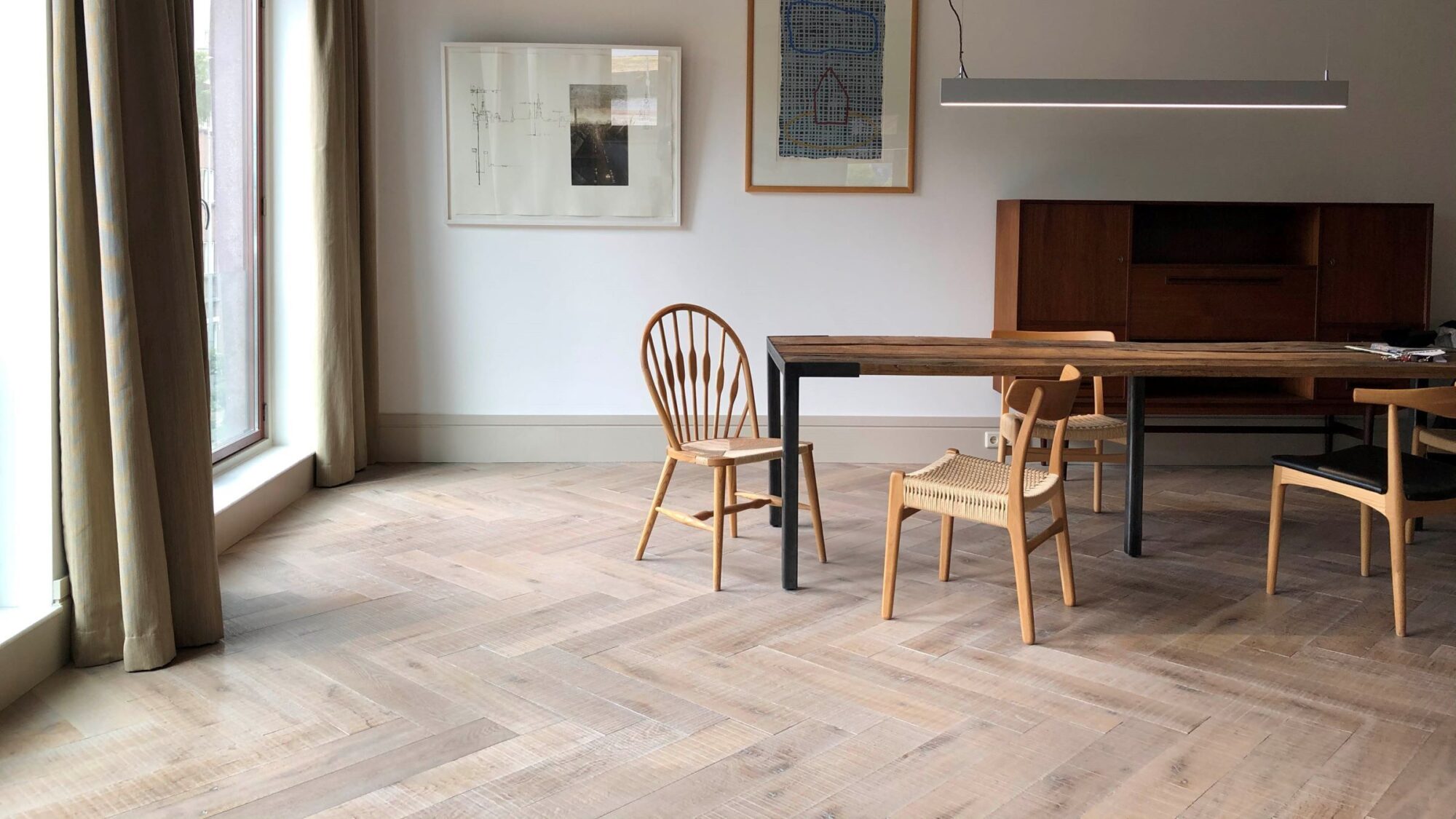 modern parquet flooring used in dining room