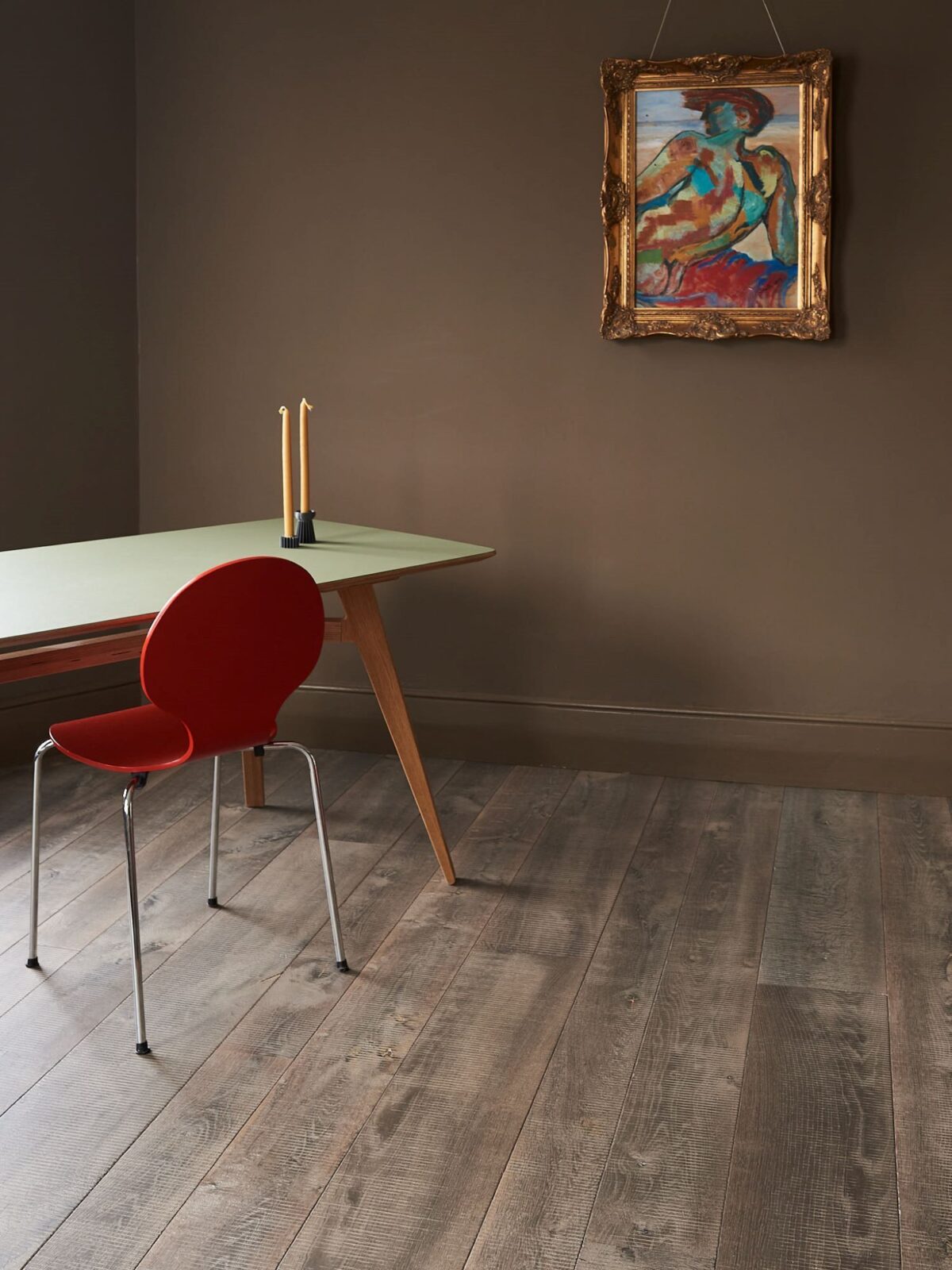 dining room table & chair on rustic oak flooring