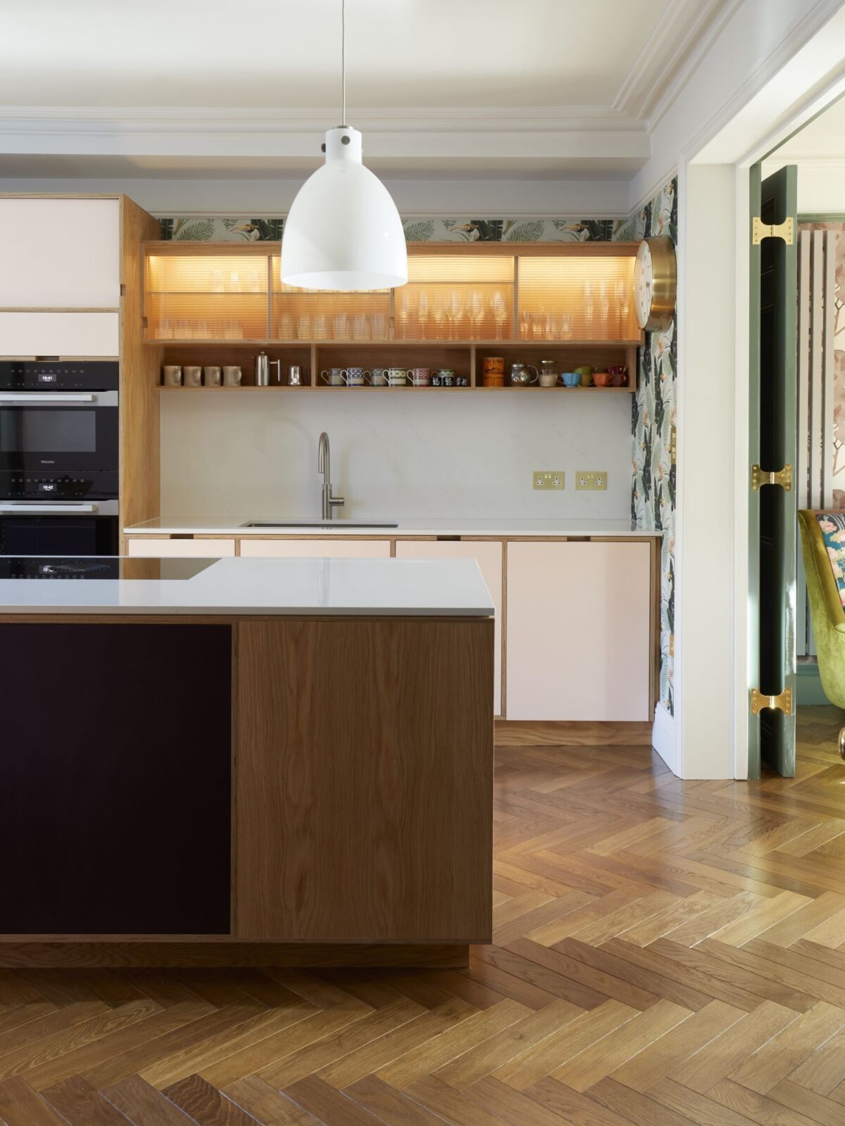 dalton herringbone flooring in kitchen island