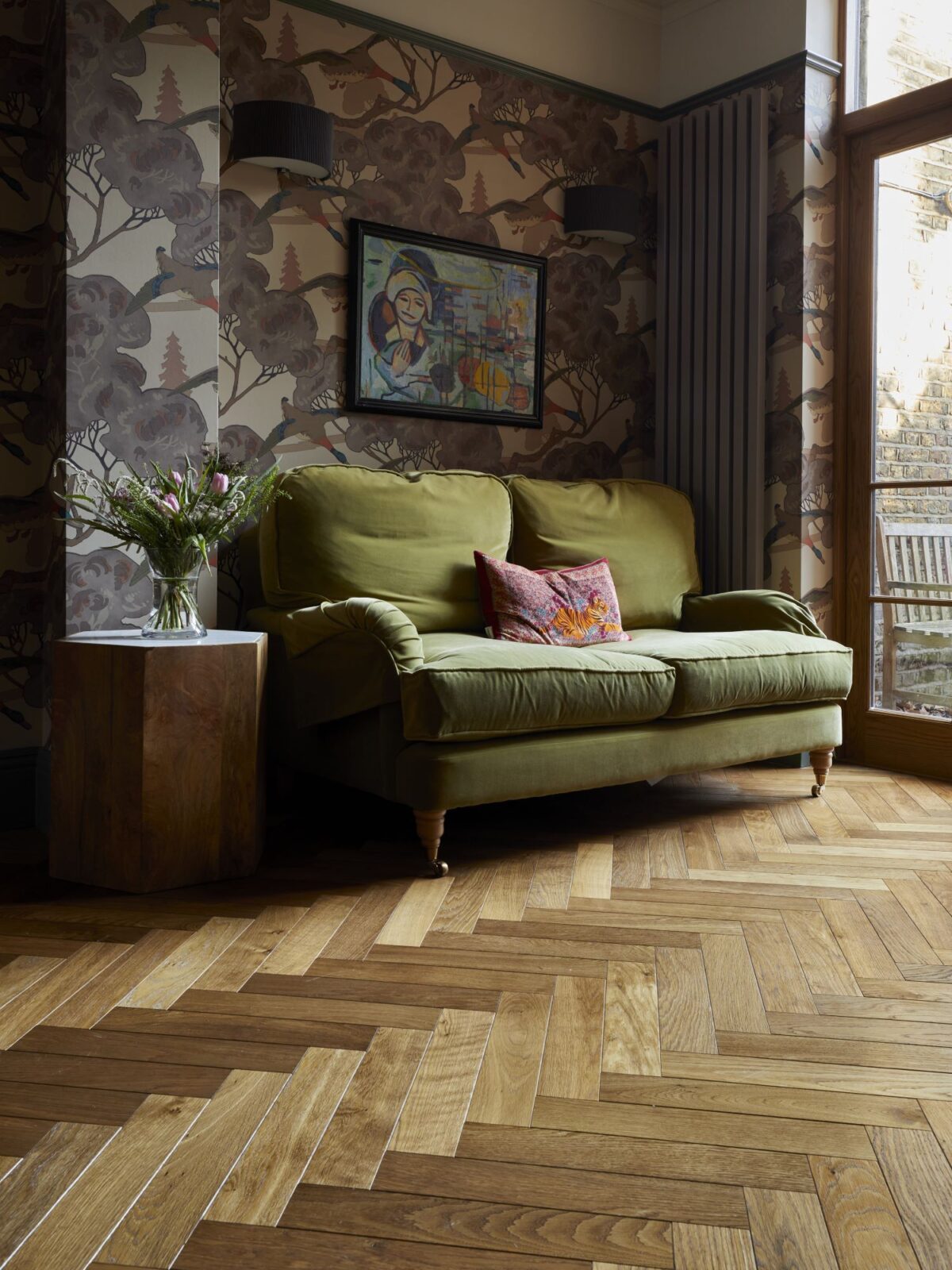 dalton herringbone flooring in living room & armchair
