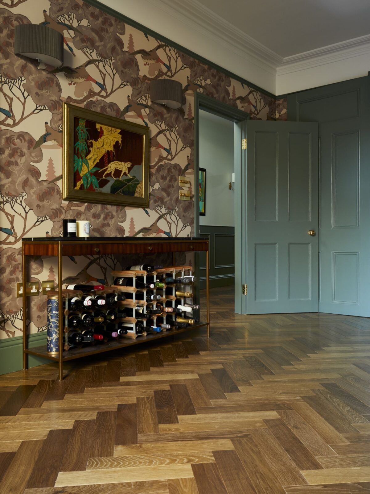 dalton herringbone flooring in living room & drinks cabinet