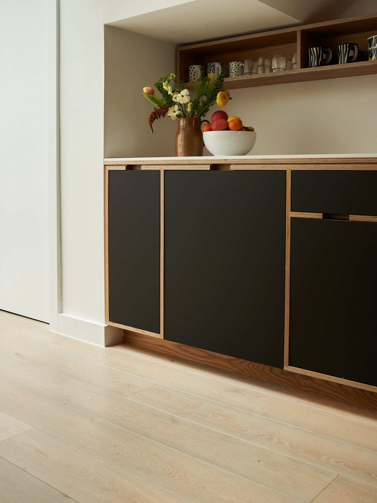 cool blonde oak floor kitchen cabinet view