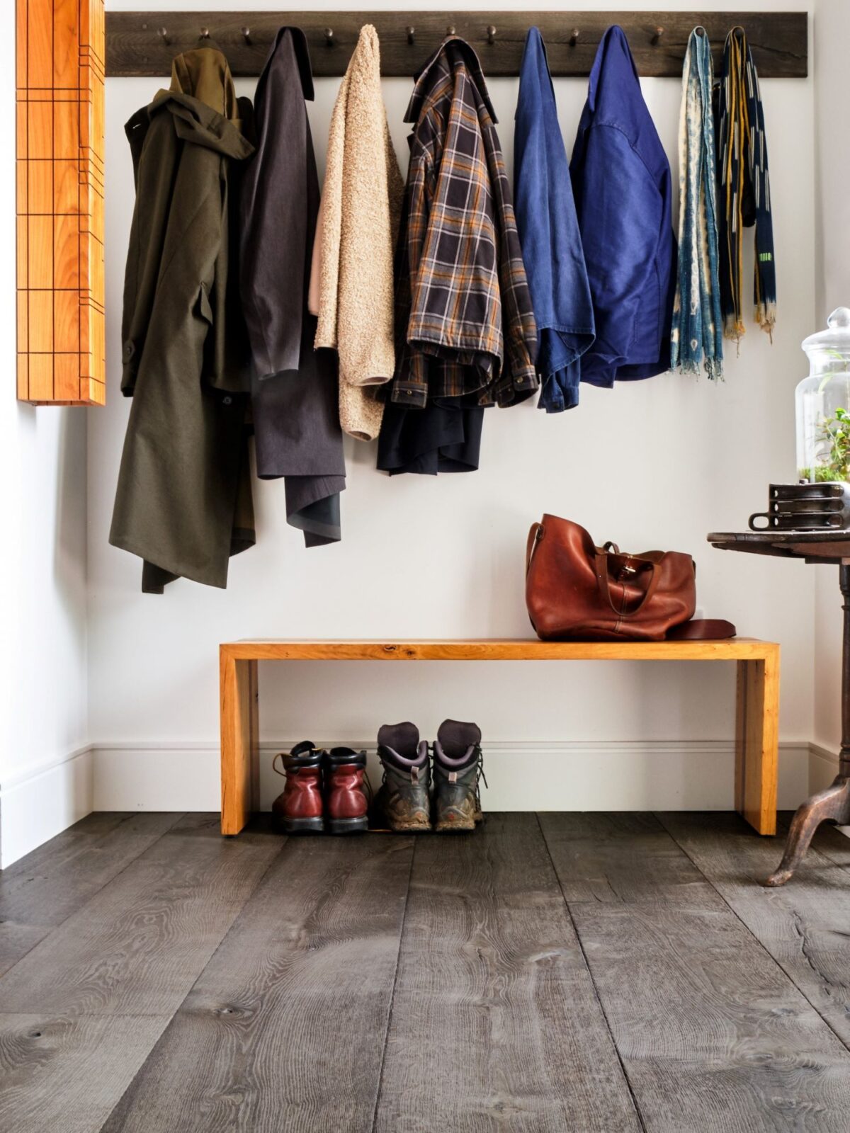 Magma mayon dark textured oak engineered flooring in hallway with shaker pegs
