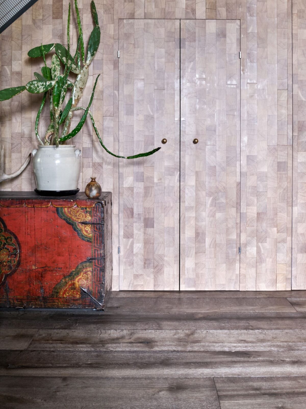 Oak magma mayon dark textured floor with engrain clad built in cupboard and antique chest with cactus