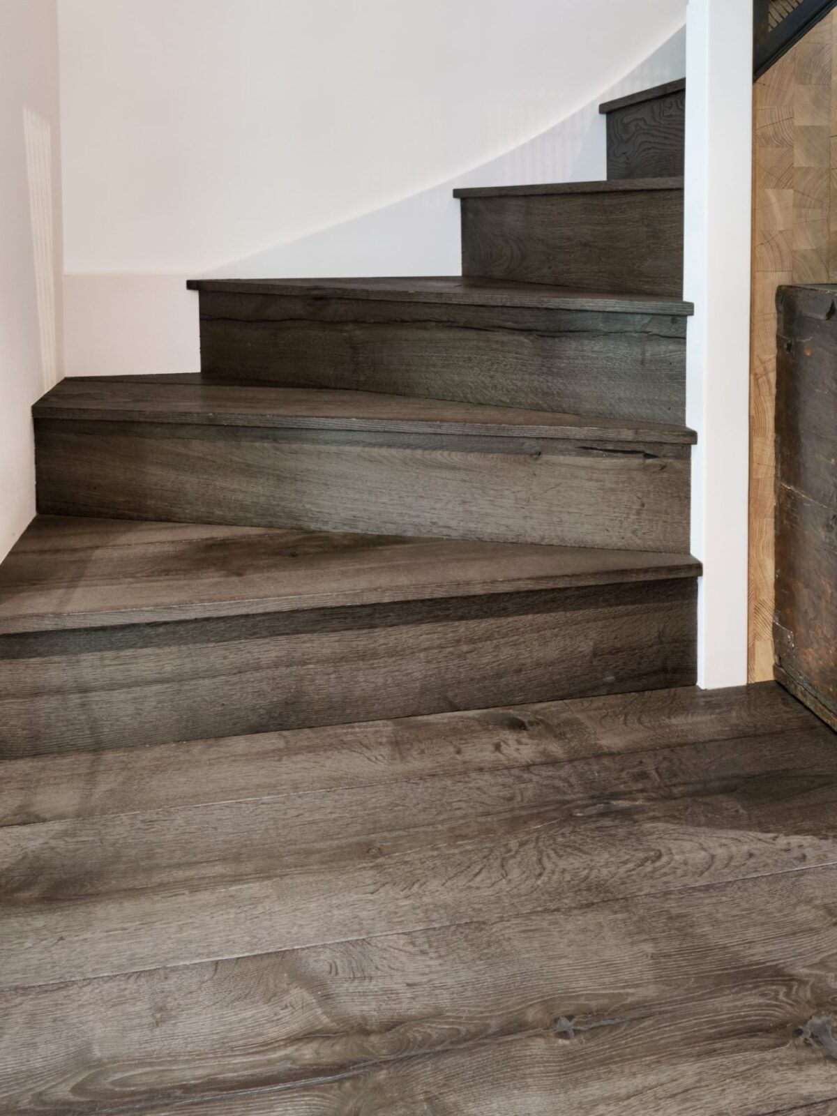 Oak magma mayon dark timber clad staircase with square edged bullnose detail