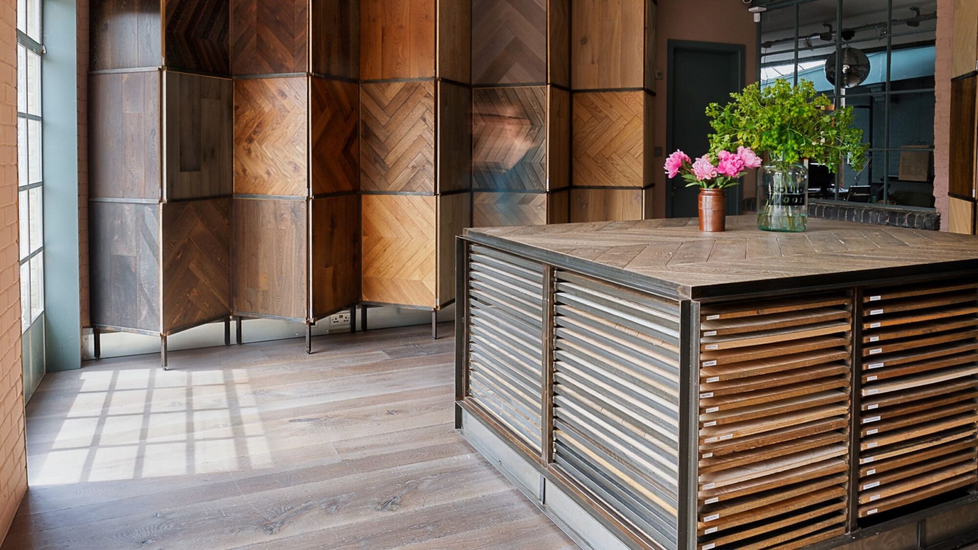 Solid floor london showroom east entrance with panel display