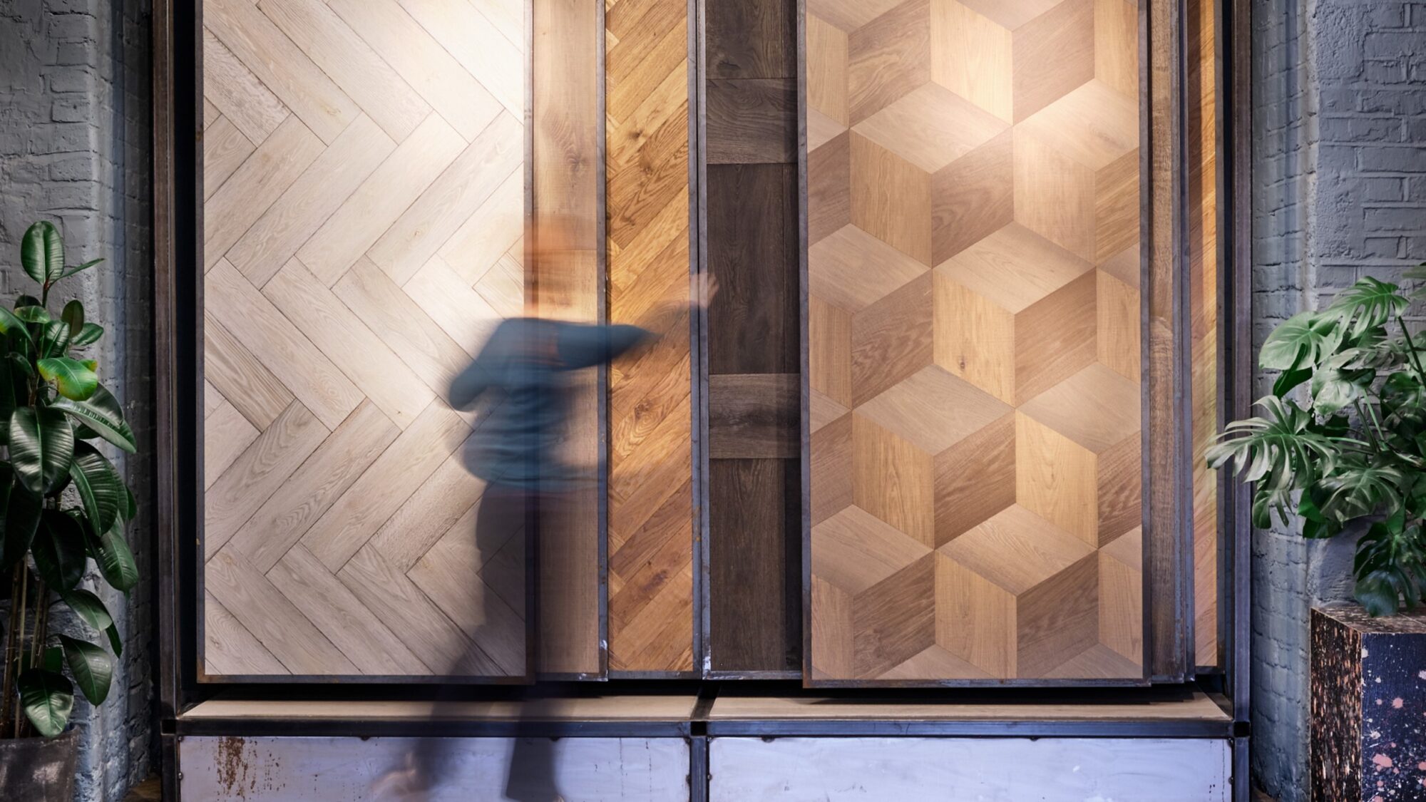 Solid Floor East showroom large hanging panels timber flooring