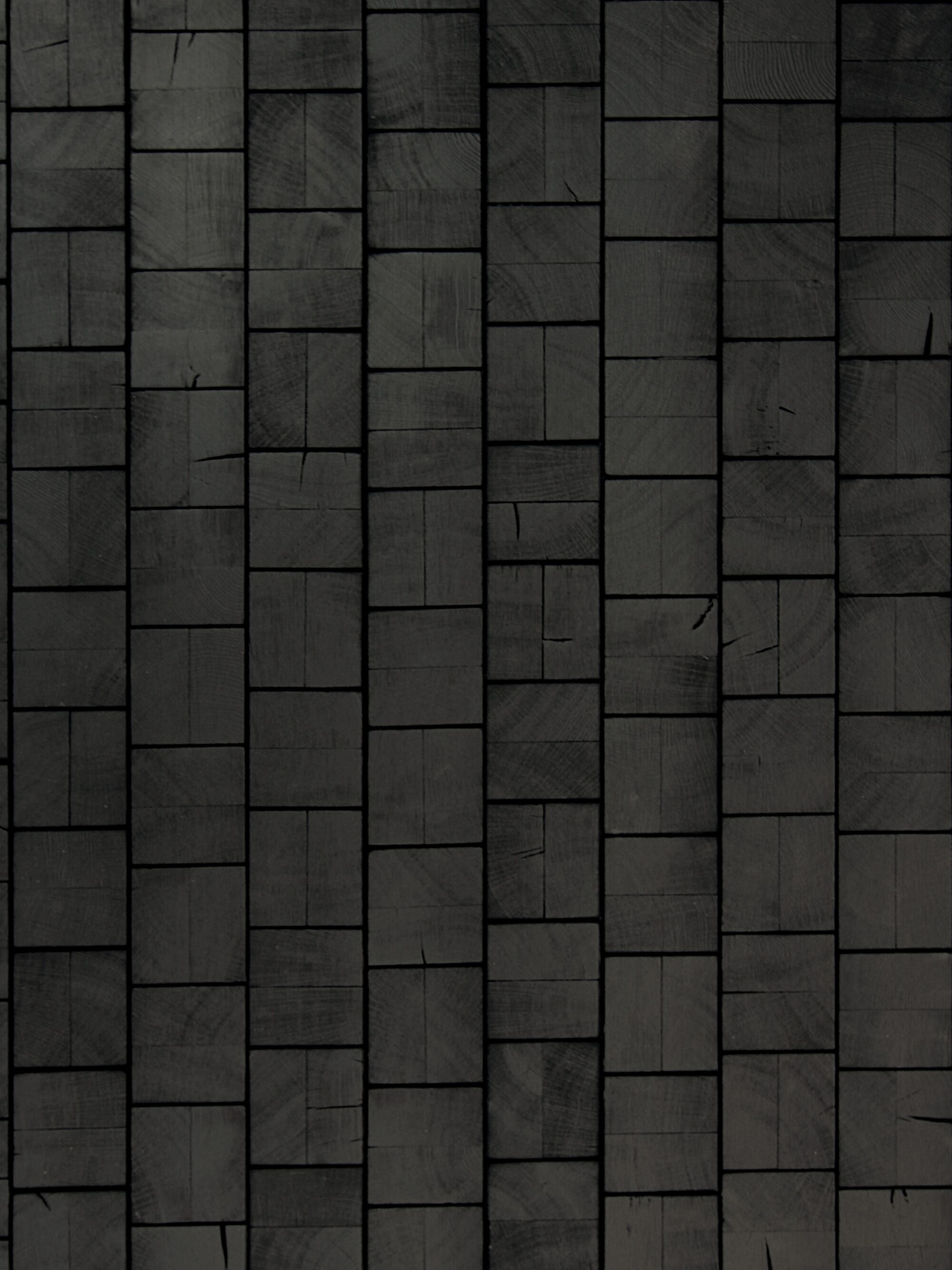 Cube Black end-grain oak flooring by OscarOno: matt charcoal-black square blocks laid in staggered vertical rows, with faint growth rings and fine natural cracks visible in the burnt surface.