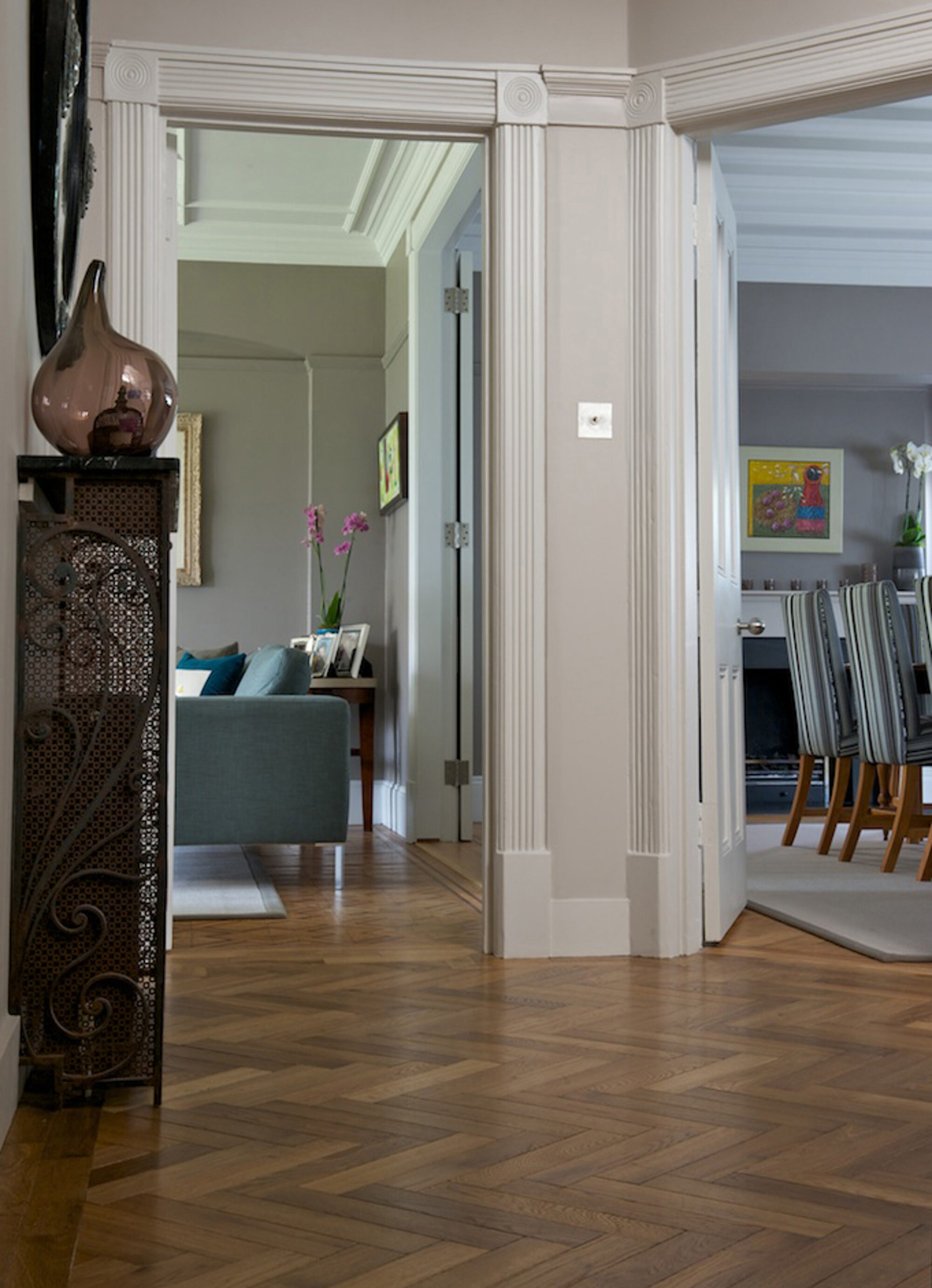 Oak landmark dalton herringbone hallway with two doors and plinth