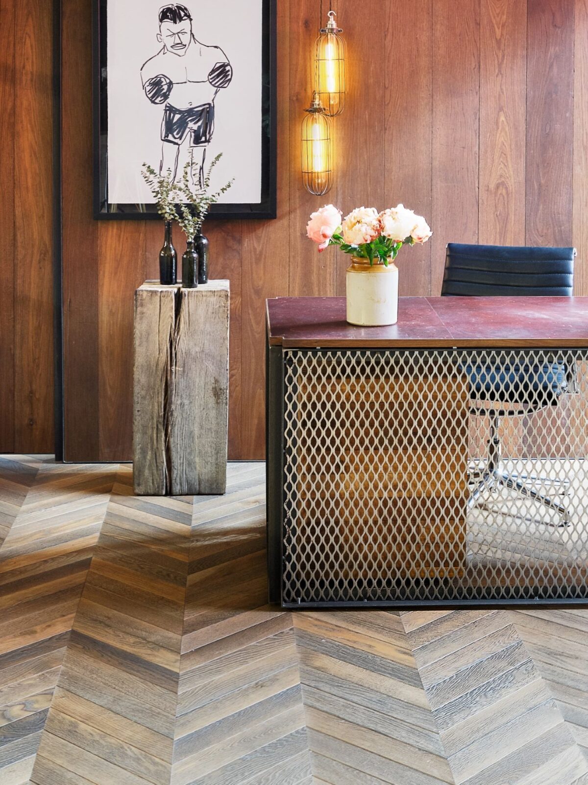 Oak landmark compton in chevron parquet pattern with desk and print by stephen anthony davids