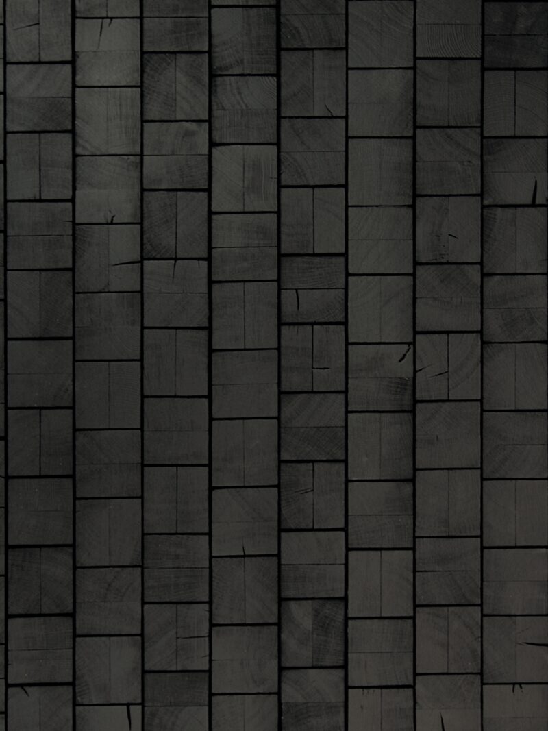 Cube Black end-grain oak flooring by OscarOno: matt charcoal-black square blocks laid in staggered vertical rows, with faint growth rings and fine natural cracks visible in the burnt surface.