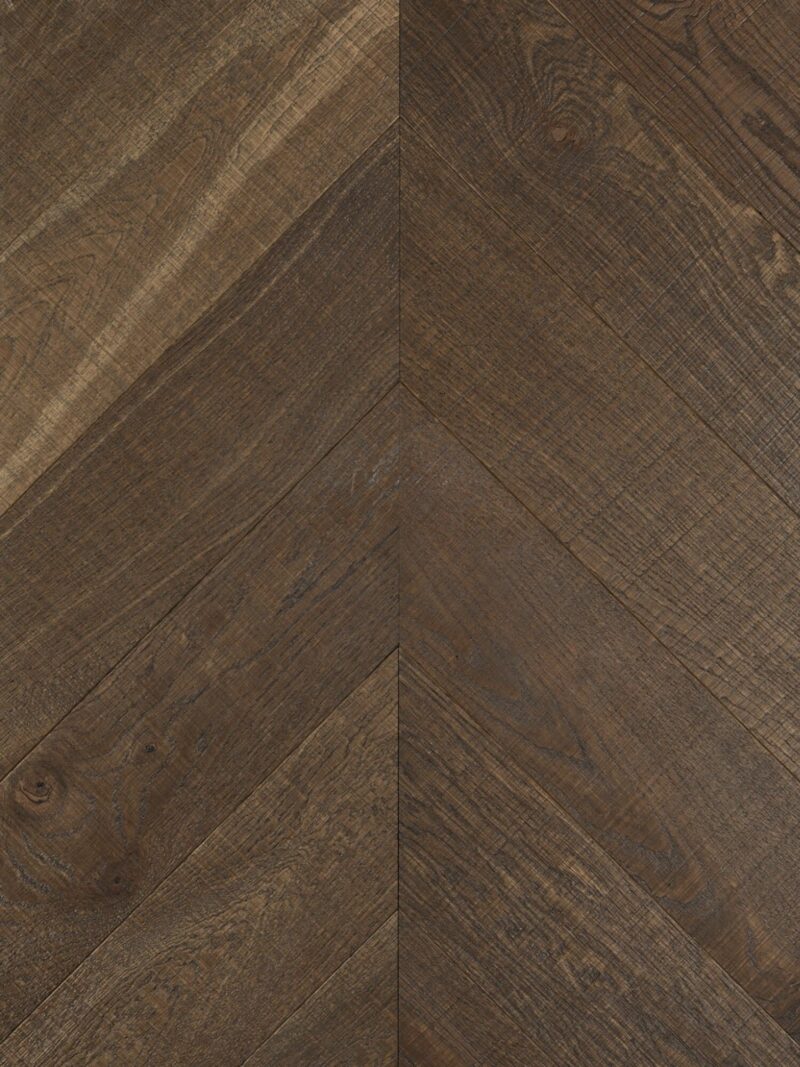 dark brown tate iona chevron parquet oak flooring with black accents in the grain and the bandsaw marks