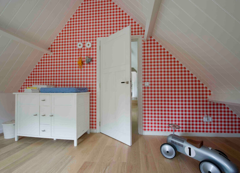 Oak landmark saltram plank floor in bedroom with toy car and gingham wallpaper