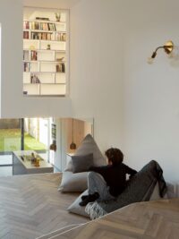 Oak Tate Bute herringbone floor with steps Scenario Architects Hackney home with beanbag